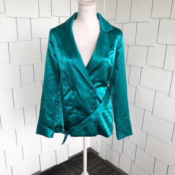 Charlie Holiday Women's Green Satin Belted Double Breasted Quest Blazer sz 4 - Picture 1 of 5
